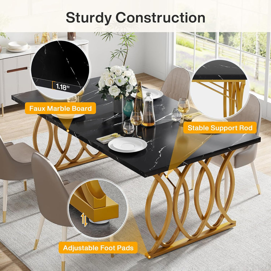 Tribesigns Modern Dining Table, 63" Large Kitchen Table for 4-6 People, Unique Rectangular Dinner Table Kitchen & Dining Room Furniture with Black Faux Marble Tabletop and Geometric Legs
