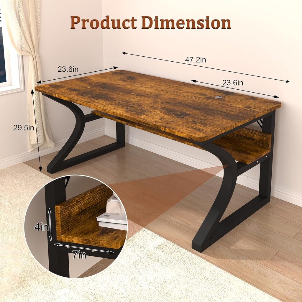 AZN Computer Desk, 47x24 in Computer Desk, Office Desk w/Storage & U-Size Metal Frame for Home Office Bedroom Gaming, Office Desk w/Water-Resistant, Scratchproof Surface, Brown