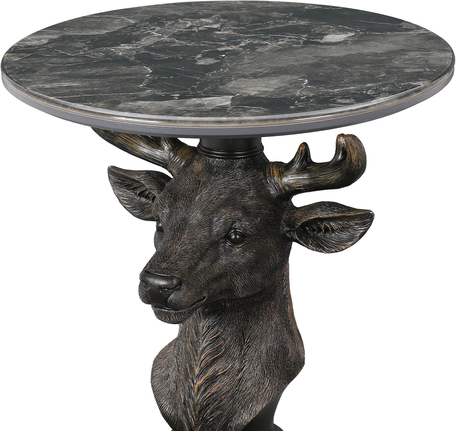 Modern End Table Black Deer Statue Side Table with Faux Marble Round top, 28" Tall 19.69" Wide Contemporary Nightstand for Living Room, Office and Reception Area Gift for Mom and Dad