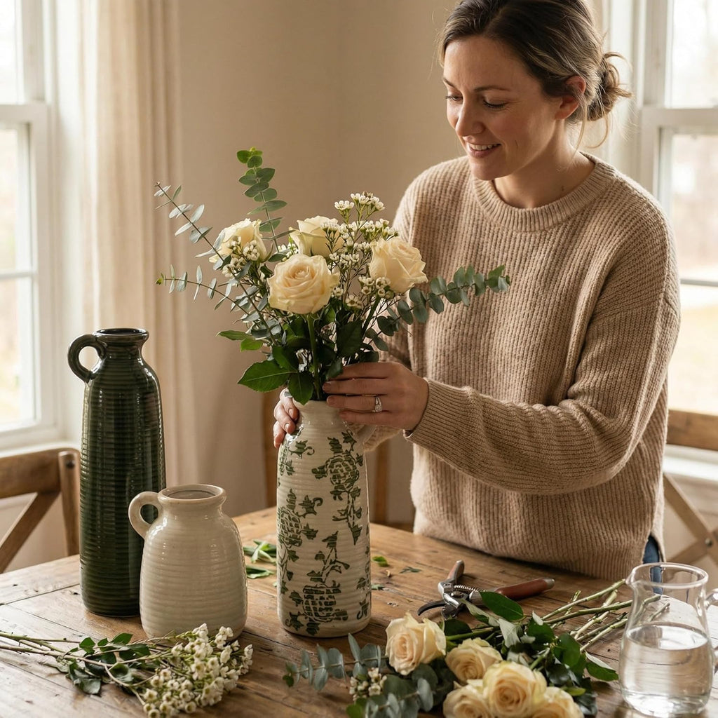 LIFESTYLO Ceramic Vase Set of 3 with Handles, Green White Neutral Rustic Modern Farmhouse Boho Decor, Versatile as Table Centerpiece or Mantel & Shelf Accent - Unique Home Gift Idea