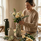 LIFESTYLO Ceramic Vase Set of 3 with Handles, Green White Neutral Rustic Modern Farmhouse Boho Decor, Versatile as Table Centerpiece or Mantel & Shelf Accent - Unique Home Gift Idea