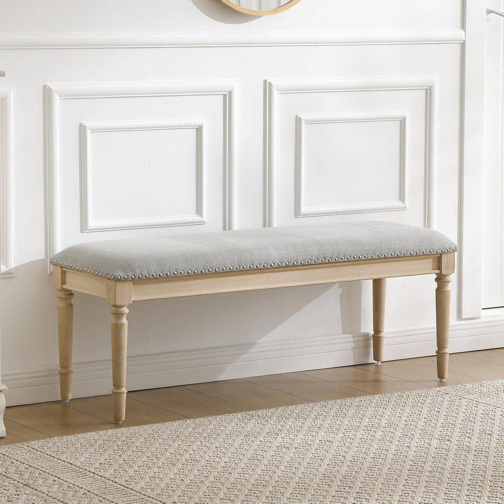 chairus Farmhouse Dining Bench 46" Wooden Entryway Bench with Padded Seat and Nailhead Trim for Kitchen Bedroom,Indoor and Hallway, Grey Linen