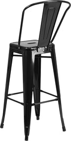 EMMA + OLIVER Commercial Grade 30" H Black Metal Indoor-Outdoor Barstool with Back
