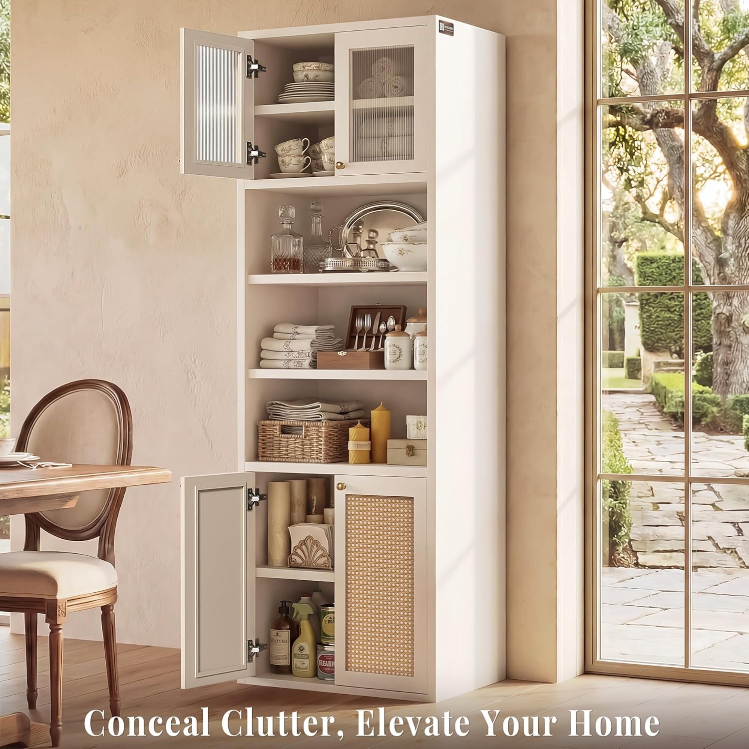 71.7" Bathroom Storage Cabinet, Rattan Tall Freestanding Kitchen Pantry with Doors, Adjustable Shelves and Anti-Tip Devices for Living Room, Dining Room, White