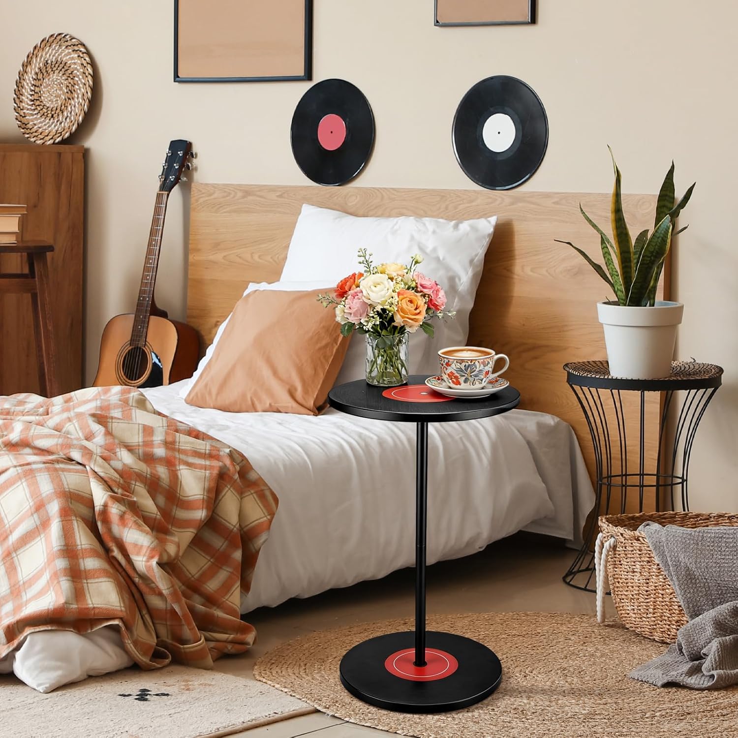 Weysat Vinyl Records Side Table Record Decoration for Indie Hippie Room Decor Small Round End Drink Table with Pedestal Modern Hippie Decor for Home Music Room Party Aesthetic Decoration 14x25.6 Inch