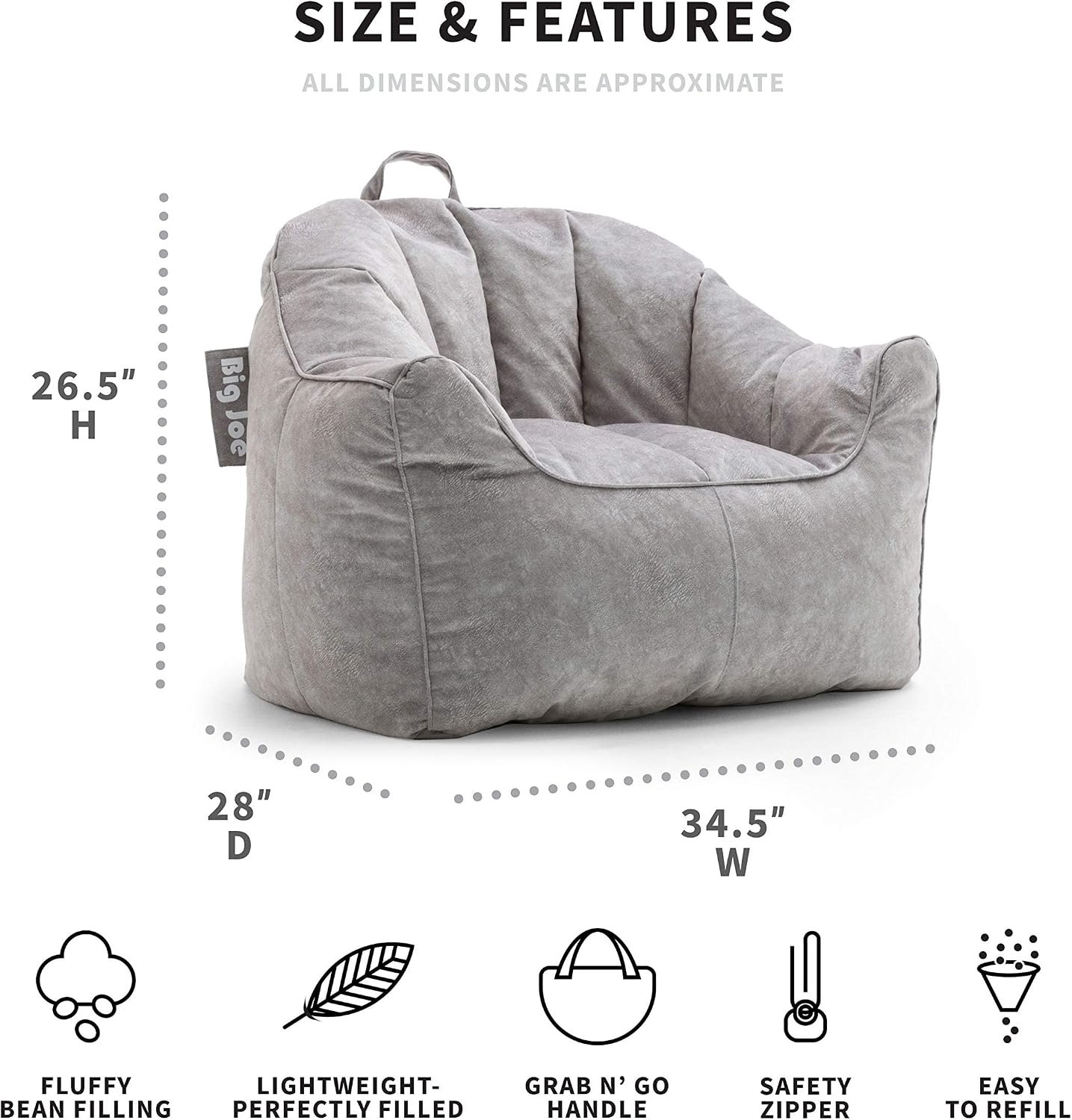 Big Joe Bean Bag Chairs Bundle - Hug Chair Gray 34.5" W and Dorm Chair Black 33" L for Comfortable Lounging