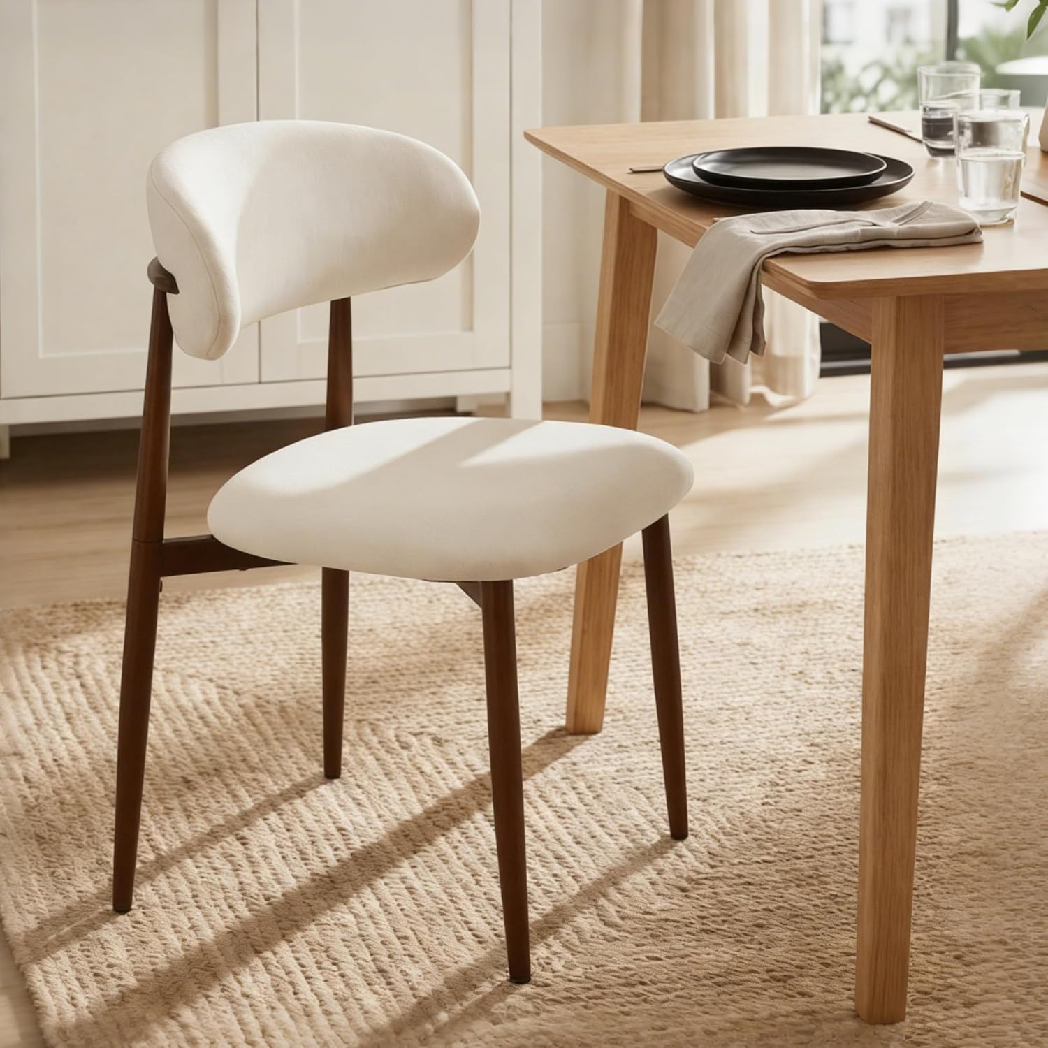 AQO Dining Chairs Set of 4, Modern Dining Room Chairs Kitchen Chairs with Metal Legs, Farmhouse Fabric Dinner Chair for Kitchen Dining Room, Beige/Walnut-Grain Metal Legs