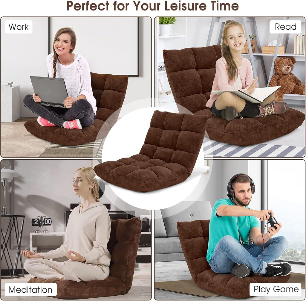 14-Position Adjustable Floor Chair, Folding Gaming Sofa Chair with Back Support, Padded Floor Gaming Chair for Adults, Sleeper Lounge Couch Recliner for Reading Gaming Meditation (Brown)