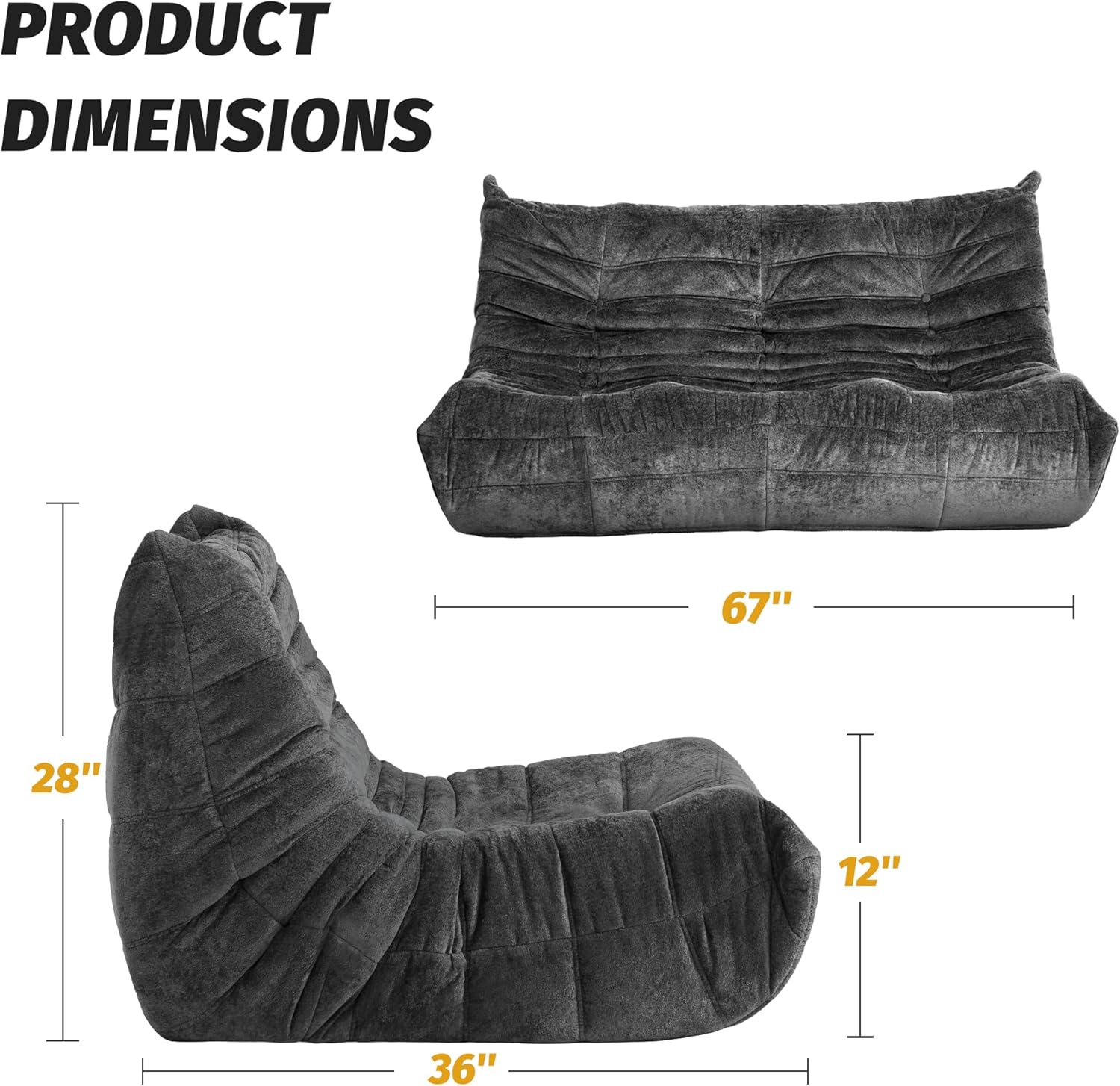 Homguava Bean Bag Chair, Giant Beanbag Chairs for Adults, Memory Foam Fireside Chair, Large Lazy Floor Sofa, Sofa Couch with High-Rebound Foam, Lounge Chair for Living Room, Bedroom (Grey, 3-Seater)