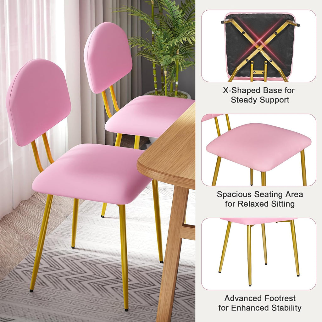 VECELO Dining Chairs Set of 2, Upholstered Kitchen Chairs with Extra Thick Cushion & Sturdy Metal Frame, Faux Leather Chairs for Vanity, Kitchen, Living Room, Pink