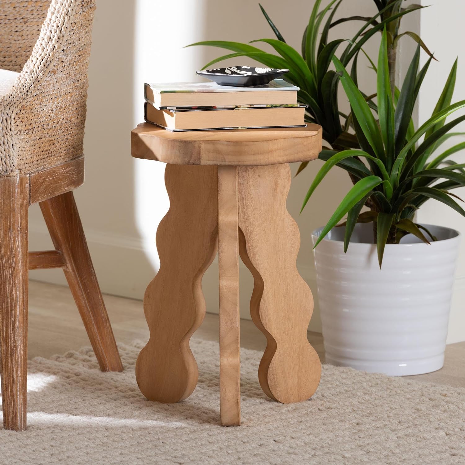 Bali & pari Sino Acacia Wood Multipurpose Accent Stool - Sculptural End Table with Wavy Tripod Base for Living Room, Bedroom or Dining Room