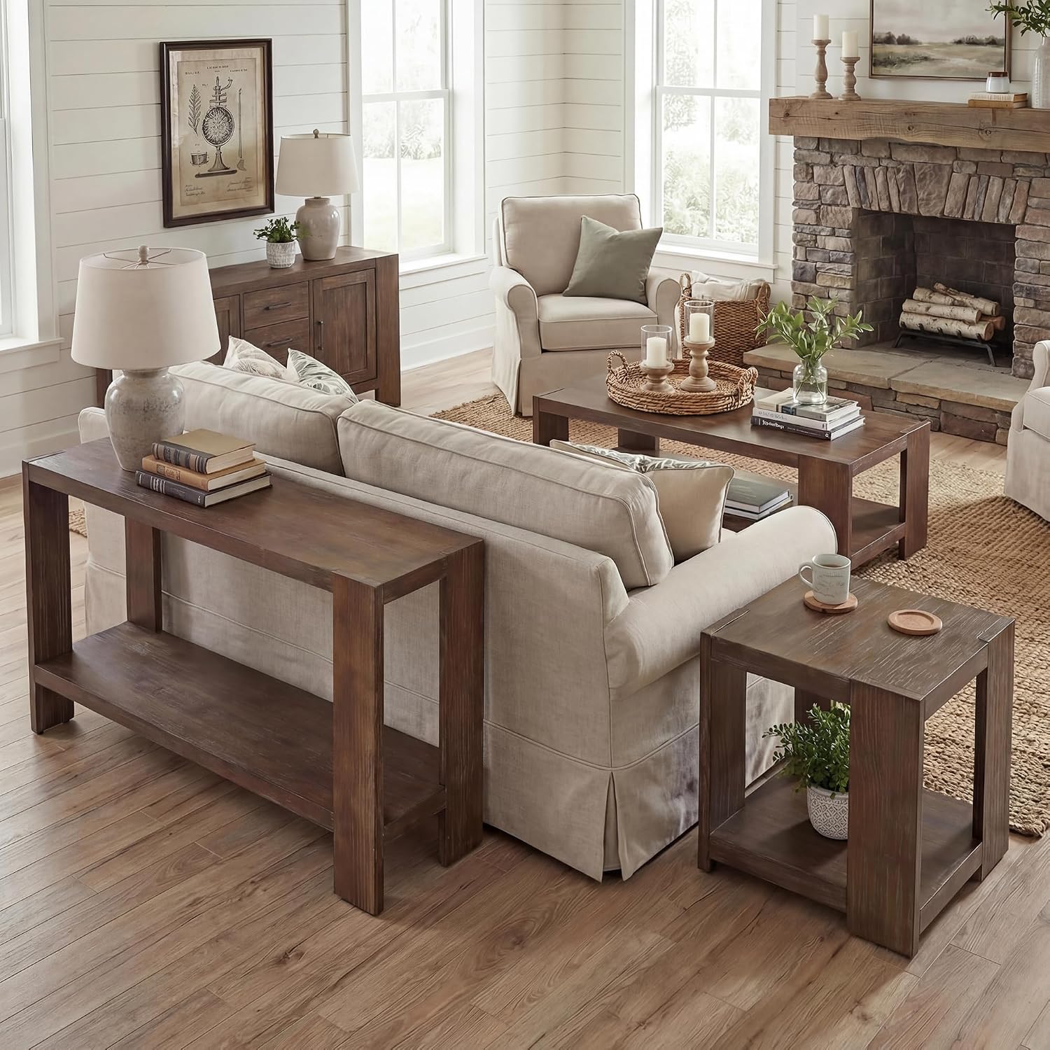 2-Tier Side Table for Living Room Set of 2, Rectangular End Table with Open Storage, Farmhouse Accent Bedside Table for Bedroom, Brown