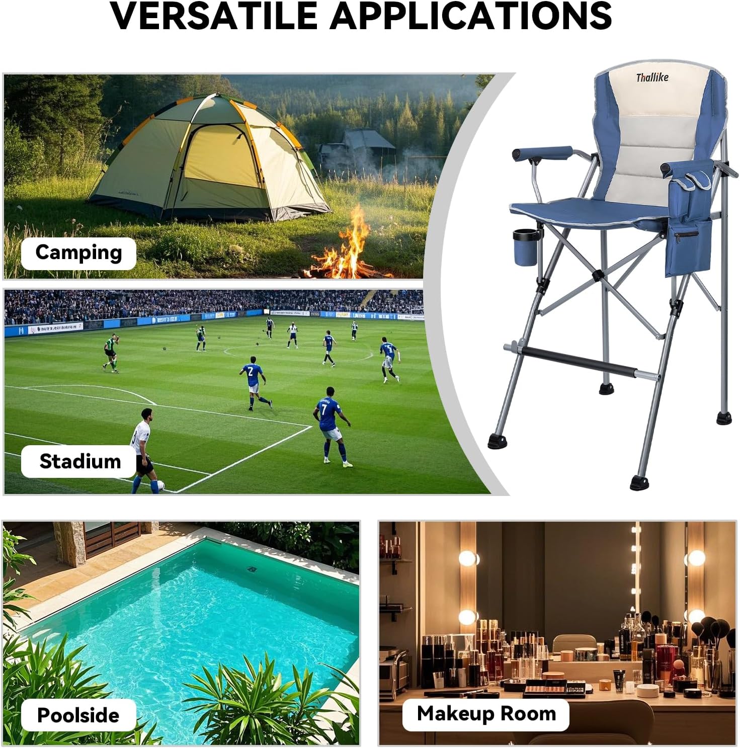 Foldable Directors Makeup Salon High Chair - Portable Camping Bar Height Folding Photoshoot Chairs with Stroage Bag Cup Holder Non-Slip Footrest, Supports 400 lbs Blue Tall Director Chair
