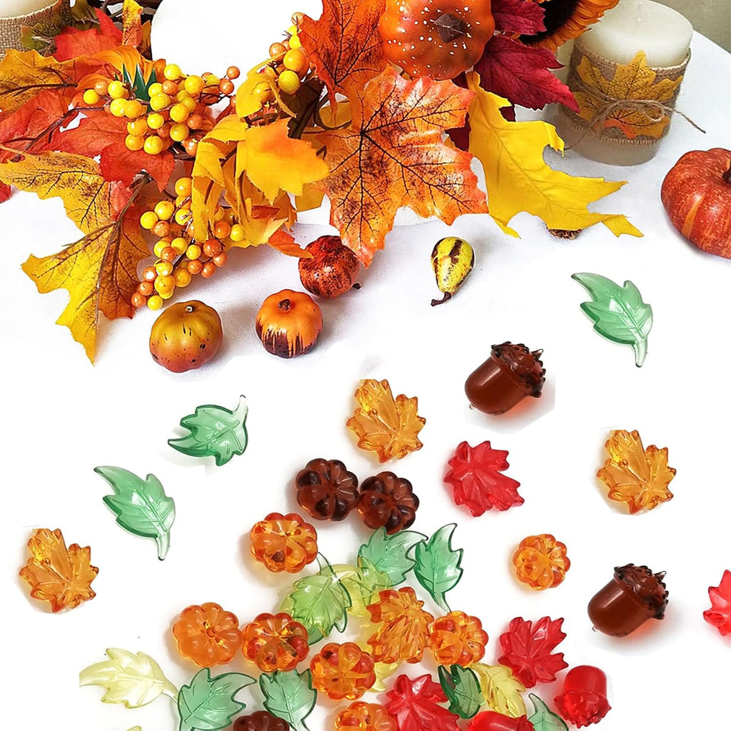 125 Pieces Fall Vase Filler for Thanksgiving Day Decor, Acrylic Pumpkin Table Scatter, Mini Fall Leaves Acorns Pumpkins Maple Leaves Gems Autumn Decor 1LB