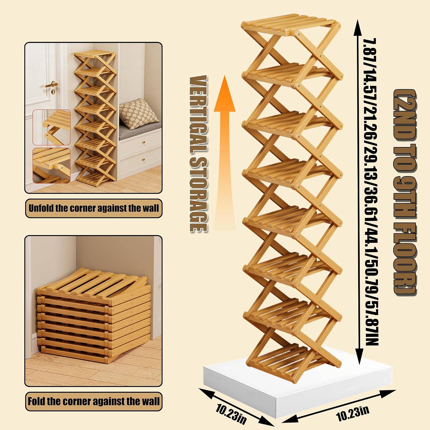 The 9-Tier No-Assembly Bamboo Rack, 2-9 Foldable Tier Bamboo Rack, Space-Saving Organizer for Shoes, No Assembly Narrow Shoe Shelf for Entryway Closet Dorm (Natural, 9 Layers)