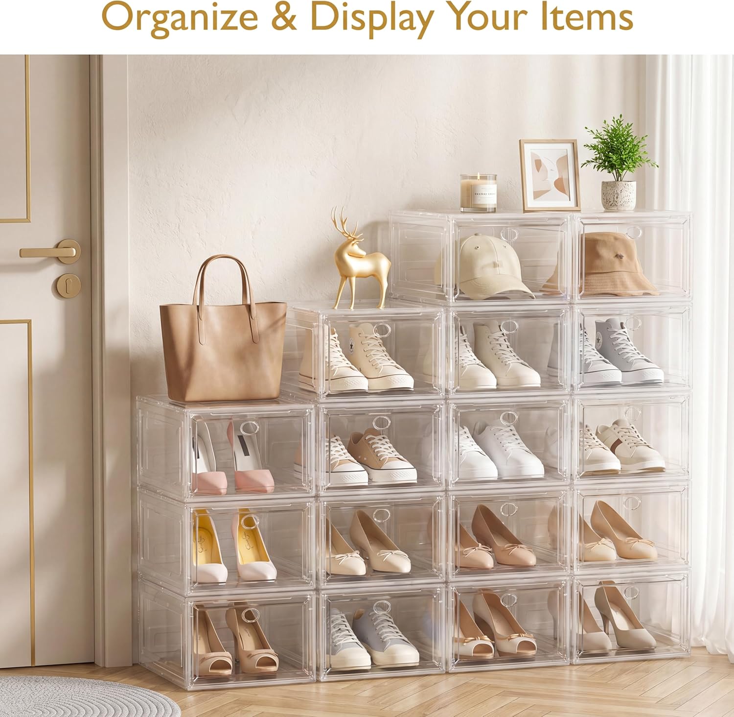 7 code Shoe Organizer, Clear Thickened Stackable Shoe Boxes with Magnetic Door, Collapsible Closet Storage Rack for Sneakers & Boots, 6 Pack White, Virgin Material, Not Recycled Plastic for Household
