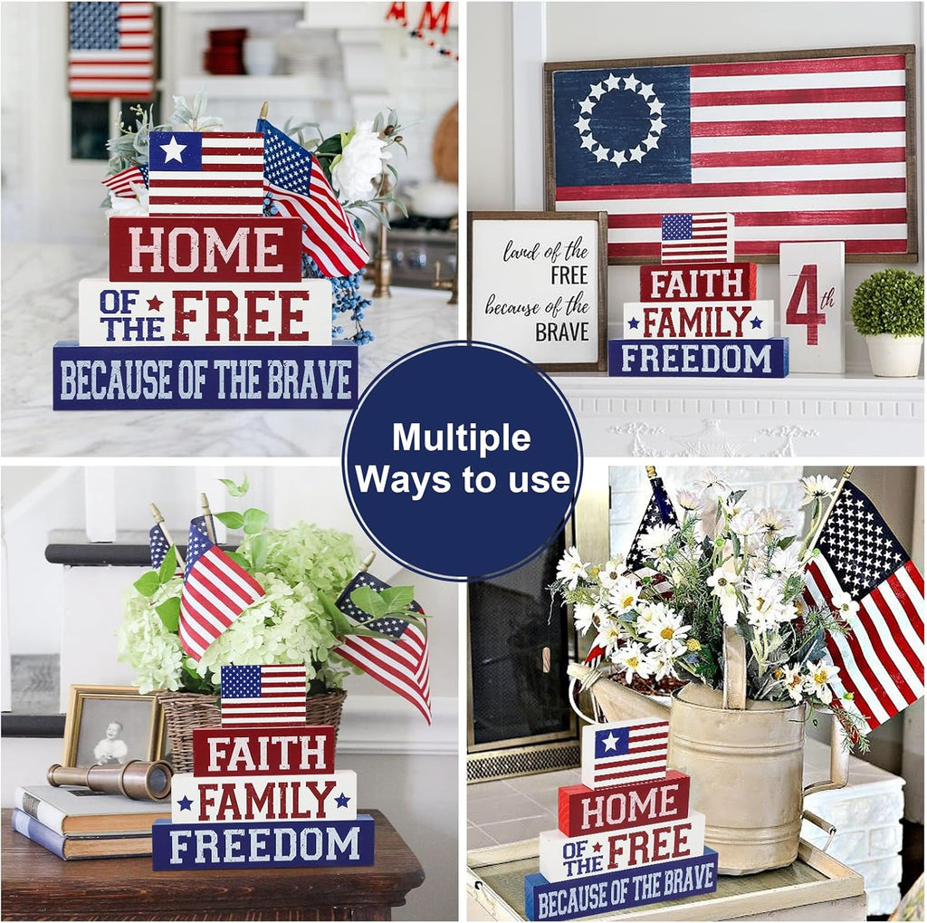 4th of July Decorations Table Sign Wood Patriotic Decorations Double-Sided Printed 4 Pcs, Independence Day Table Decorations Memorial Day Americana Tiered Tray Decor Rustic Farmhouse Block Sign Veterans Day for Party Home Desk