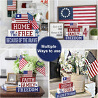 4th of July Decorations Table Sign Wood Patriotic Decorations Double-Sided Printed 4 Pcs, Independence Day Table Decorations Memorial Day Americana Tiered Tray Decor Rustic Farmhouse Block Sign Veterans Day for Party Home Desk