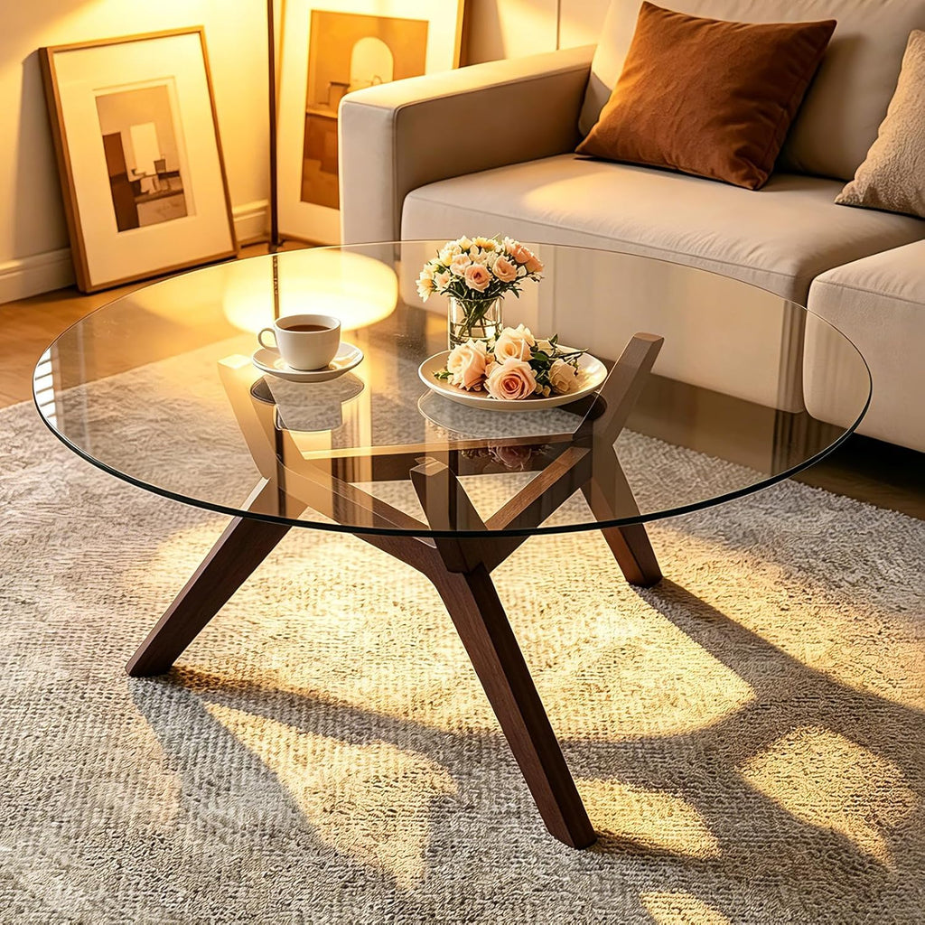 Glass Coffee Table - Round Coffee Table with Clear Tempered Glass Top, Modern Low Minimalist Center Table, Sturdy Solid Wood Coffee Table for Living Room Home Office, Walnut