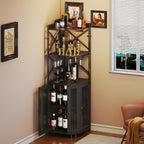 JKsmart Corner Bar Cabinet with LED Lights, 5-Tier Industrial Wine Bar Cabinet with Glass Holder, Farmhouse Liquor Cabinets with Shelf and Door, Home Bar for Coffee Bars, Black
