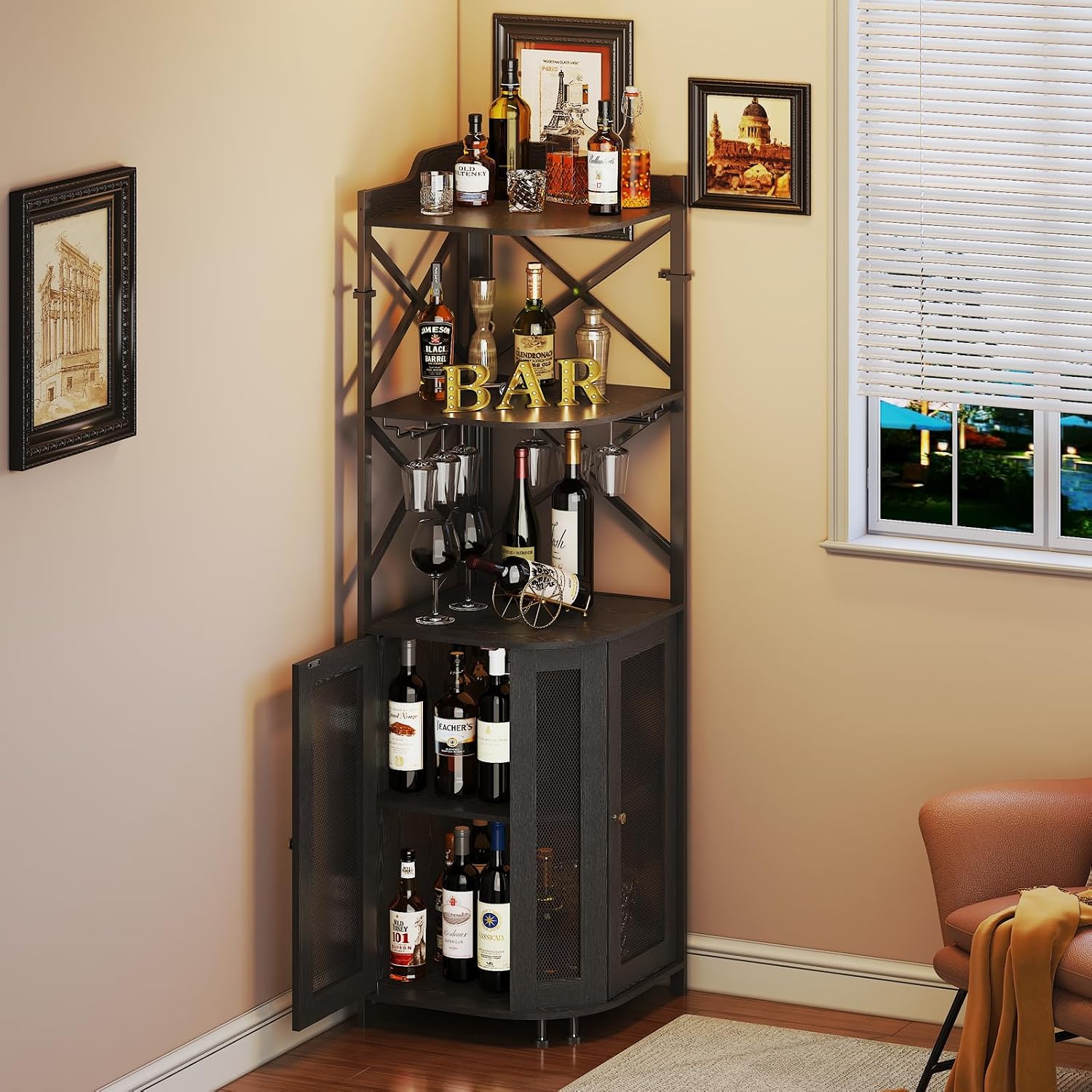 JKsmart Corner Bar Cabinet with LED Lights, 5-Tier Industrial Wine Bar Cabinet with Glass Holder, Farmhouse Liquor Cabinets with Shelf and Door, Home Bar for Coffee Bars, Black