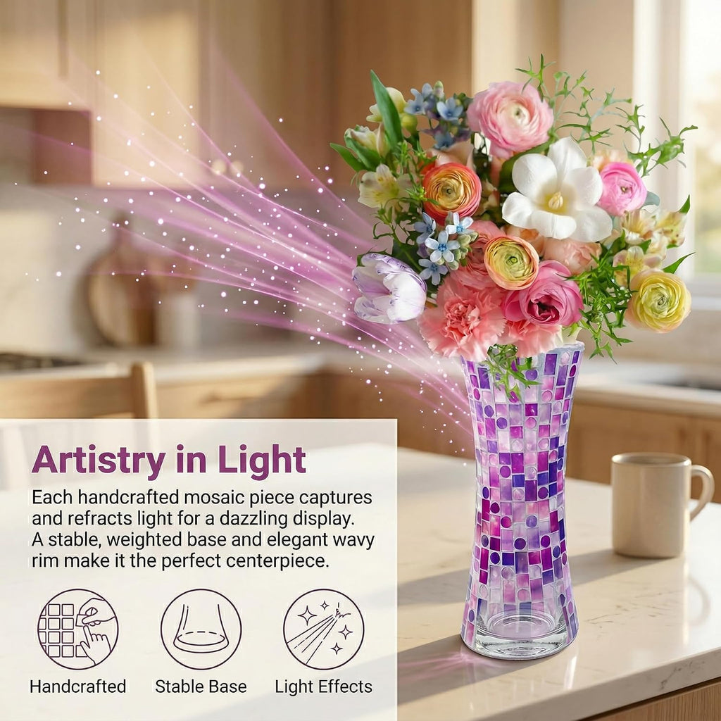 11.6" H Purple Red Mosaic Vase, Exquisite Handmade Craftsmanship Tall Glass Vase, Modern Hourglass Art Centerpiece with Dreamy Geometric Pattern for Home & Office Decor, Unique Gift