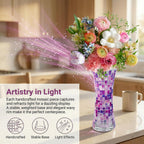 11.6" H Purple Red Mosaic Vase, Exquisite Handmade Craftsmanship Tall Glass Vase, Modern Hourglass Art Centerpiece with Dreamy Geometric Pattern for Home & Office Decor, Unique Gift