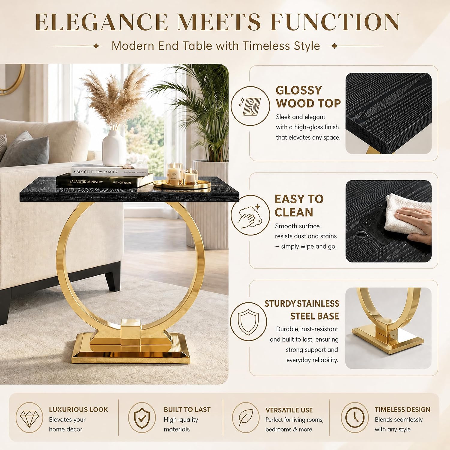 Asday 23” Wooden End Table Set of 2, Modern Luxury Square Side Table with Metal U Base for Living Room Bedroom Office, Black and Gold Nightstand Bedside Table Small Accent End Table
