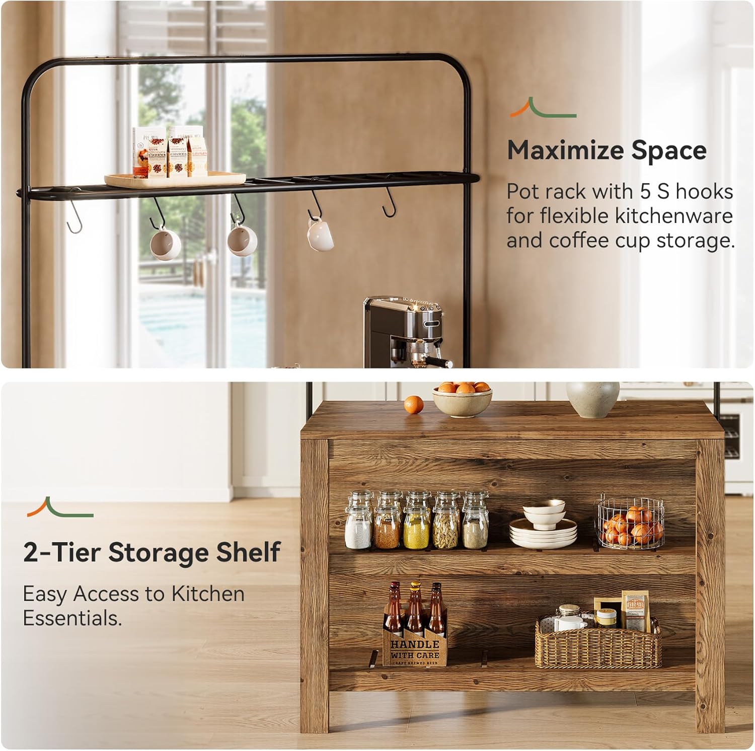 Solid Wood Kitchen Island with Storage, 47-Inch Farmhouse Stationary Island Table with Seating and 5 Hooks, Counter Height Bar Table for Kitchen, Dining Room, Rustic Brown