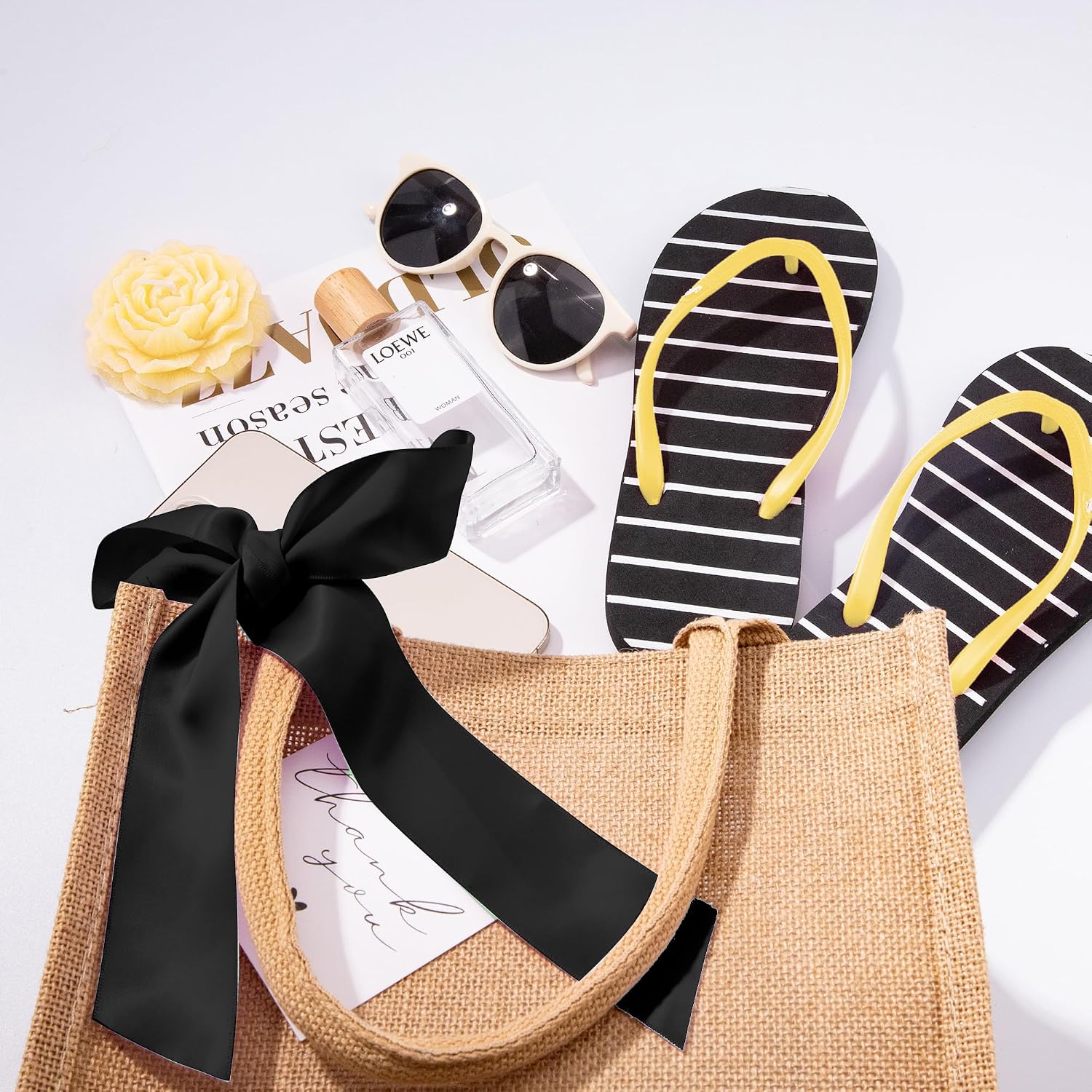 6 Pack Burlap Tote Bags with Handles Reusable Small Jute Gift Bags with Black Silk Ribbons Waterproof Lining for Wedding Bridesmaid Mother's Day Bachelorette Beach Party