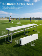 6FT Folding Outdoor Bench (2 Pack), Heavy Duty Portable Plastic Bench for Dining Table, Patio, Garden & Soccer Sideline, White Foldable Seat for Adults, Easy to Store & Carry