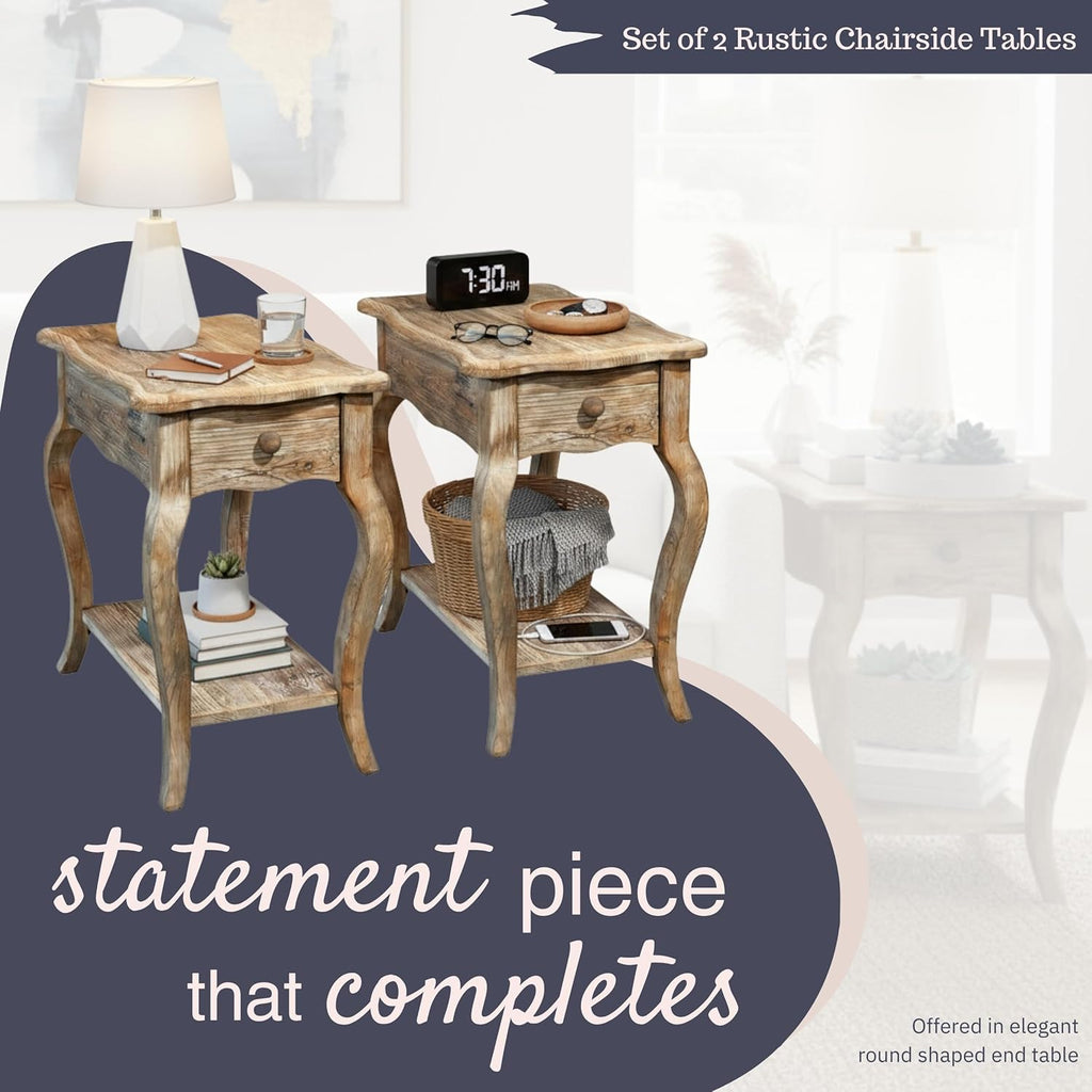 Alaterre Furniture Austerity Living Room Tables – 15 Inch Narrow Chairside Table with Drawer, Shelf, Scalloped Edges, & Curved Legs – Rustic Accent Side Table in Driftwood Finish (Set of 2)