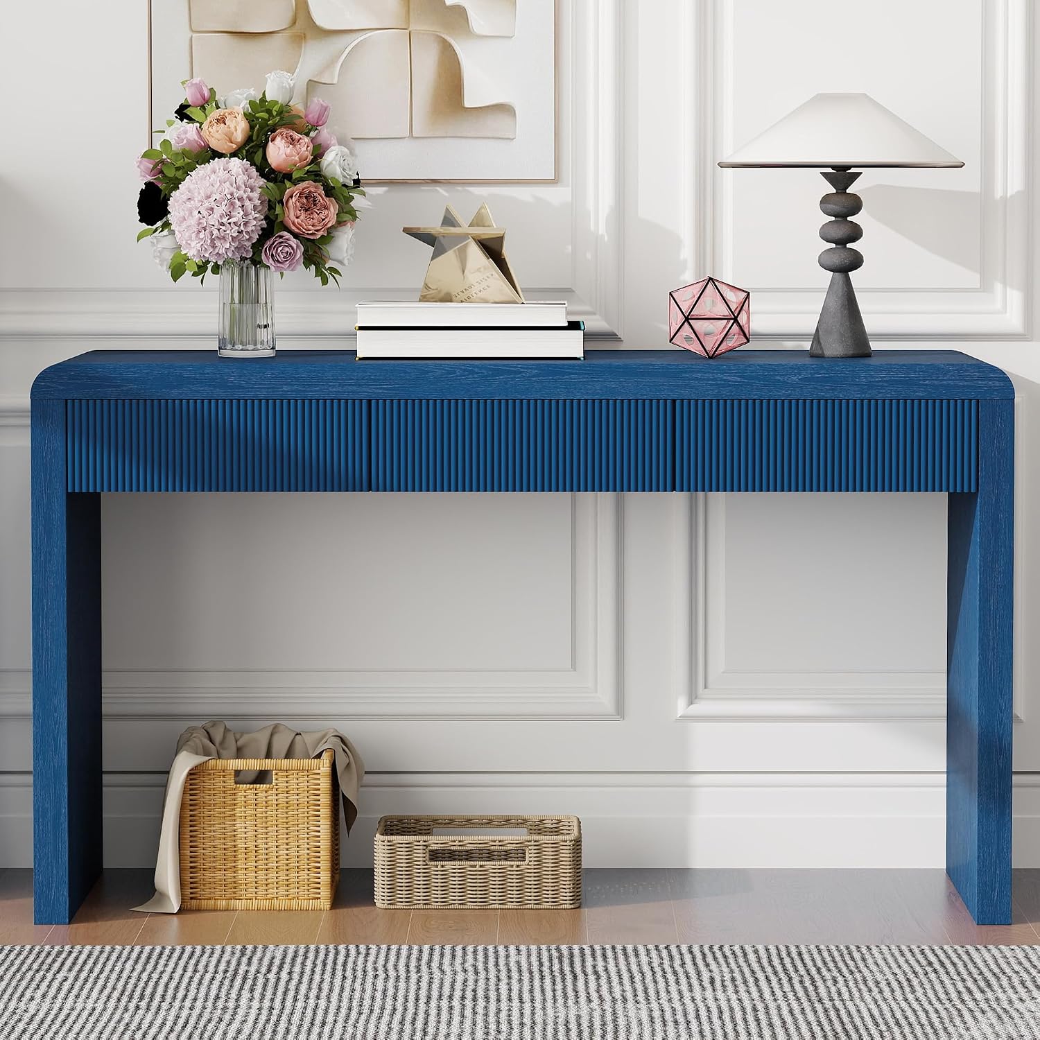 Knocbel Console Table with 3 Fluted Drawers, Rustic Sofa Tables with Solid Wood Veneer & Wood Grain for Entryway Hallway Living Room, 55.1" W x 15.8" D x 29.8" H, Navy