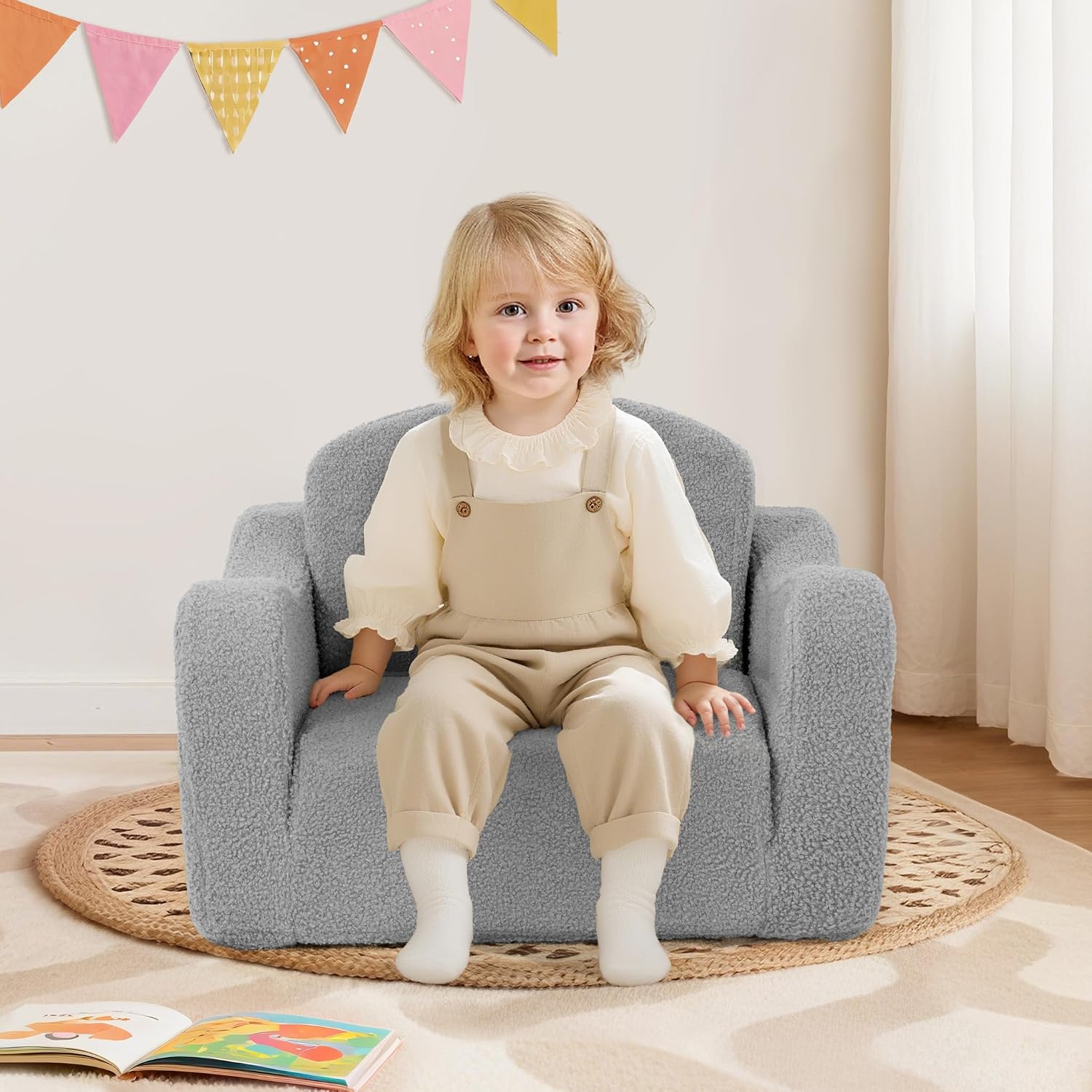 Airpanda Cozy Kids Sofa Chair, 2-in-1 Fold-Out Kids Couch for 3-7 Years Old Girls and Boys, Convertible Soft Children's Sofa, Removable Washable Cover,Light Grey