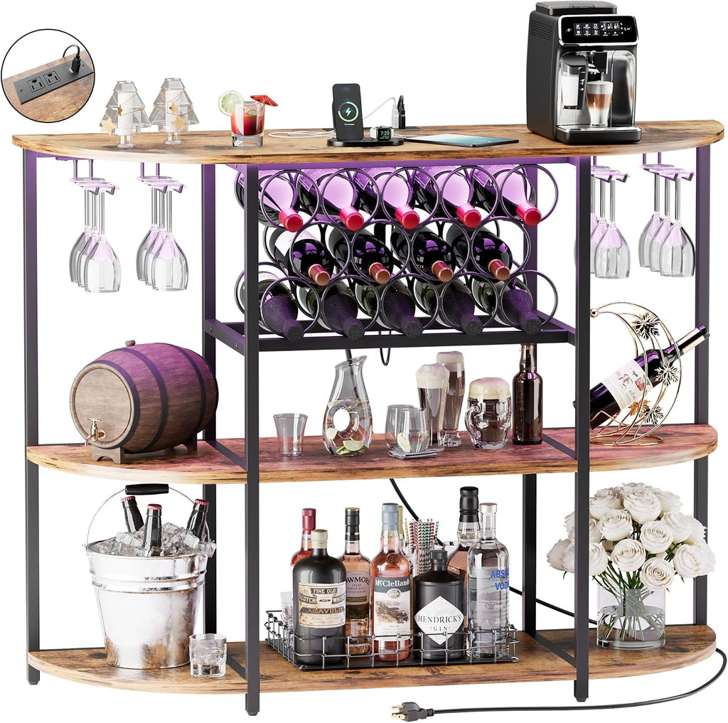 VICTONE Wine Bar Cabinet with LED Lights and Power Outlets, Freestanding Liquor Bar Cabinet Table with Glass Holder Wine Rack Table Mini Bar for Home Kitchen Dining Room