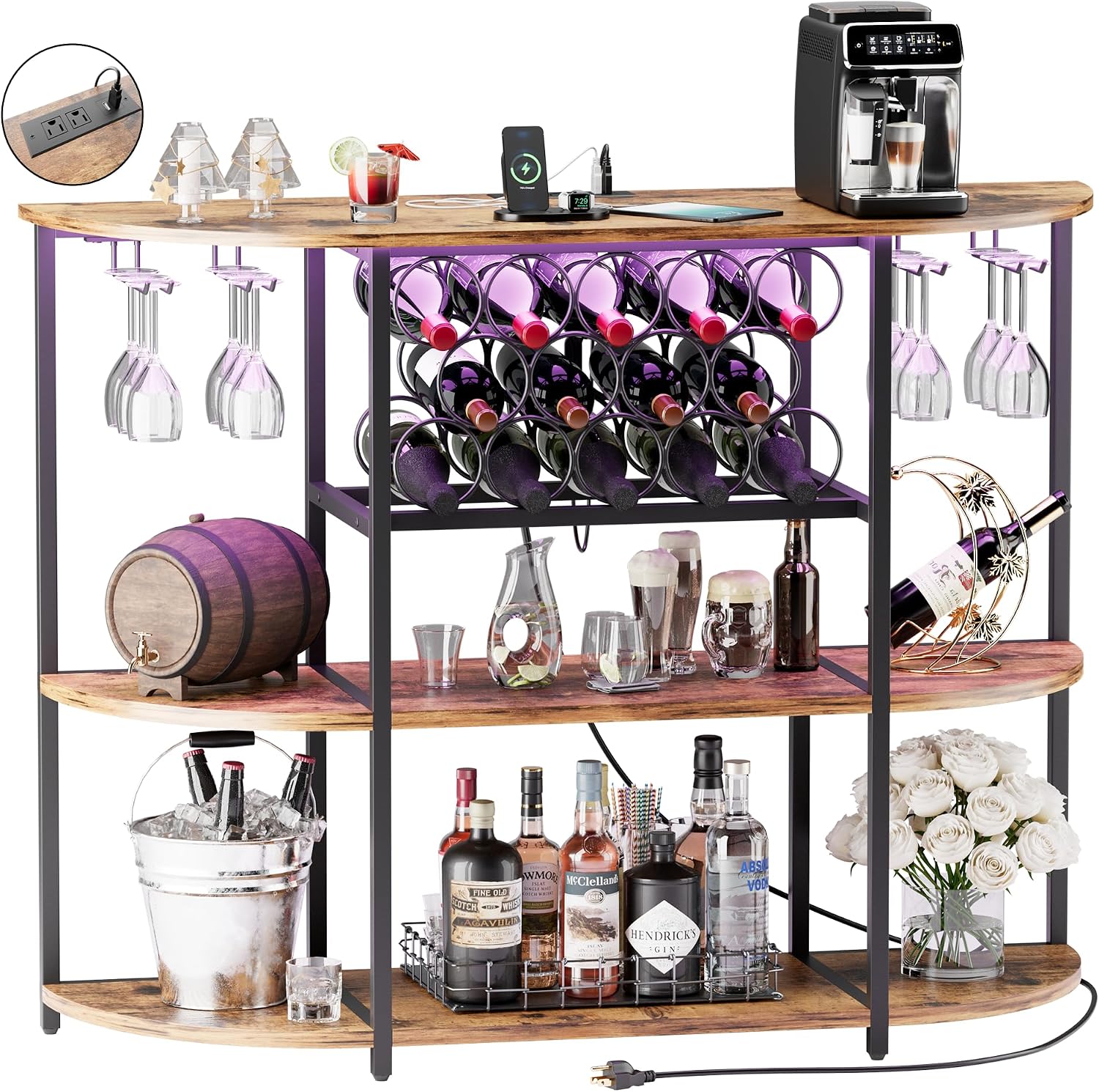 VICTONE Wine Bar Cabinet with LED Lights and Power Outlets, Freestanding Liquor Bar Cabinet Table with Glass Holder Wine Rack Table Mini Bar for Home Kitchen Dining Room