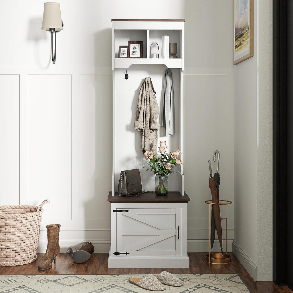 HOMCOM 3-in-1 Hall Tree with Shoe Storage, Shoe Bench, White Wood Grain | Standing Coat Rack, Entryway Furniture, Three Hooks