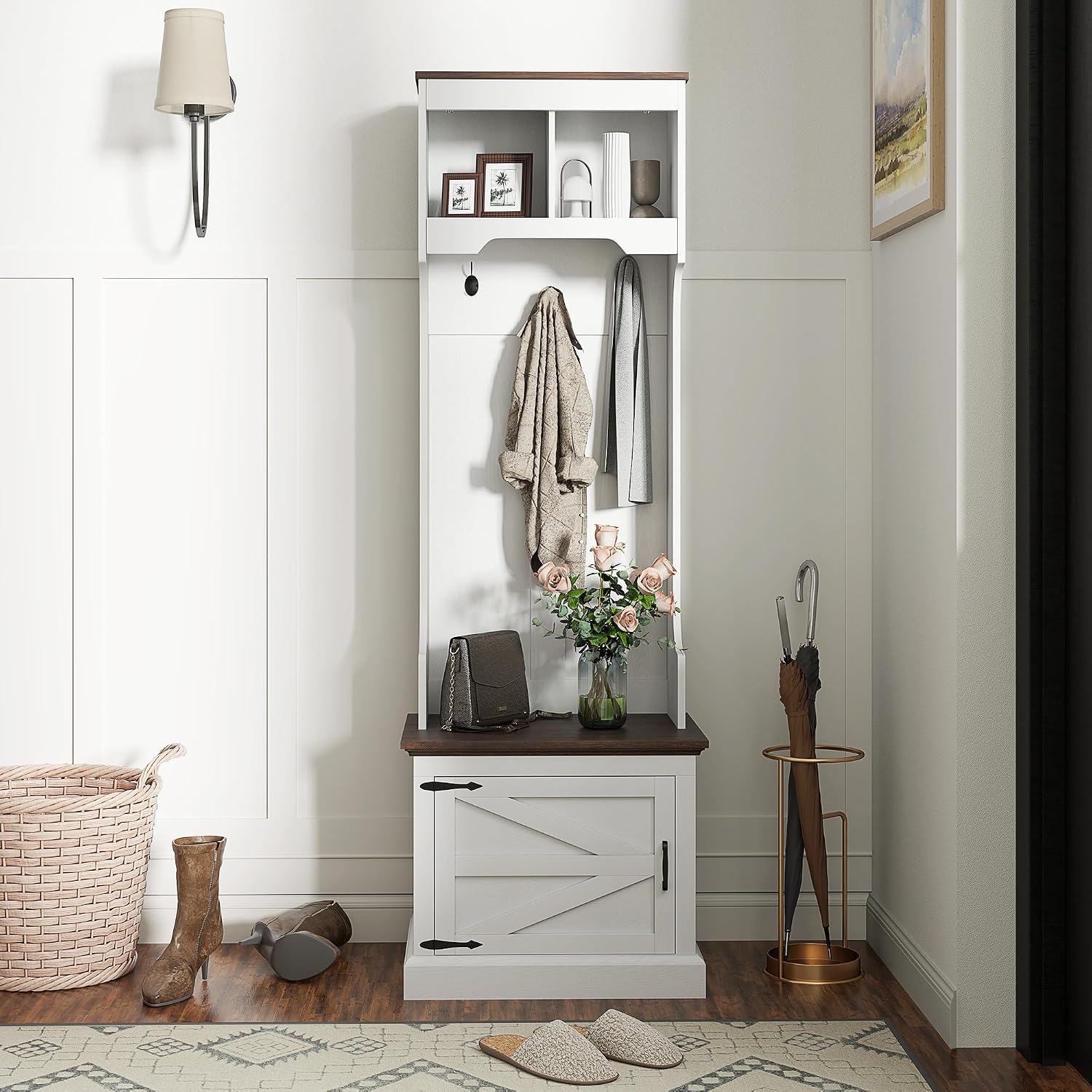 HOMCOM 3-in-1 Hall Tree with Shoe Storage, Shoe Bench, White Wood Grain | Standing Coat Rack, Entryway Furniture, Three Hooks