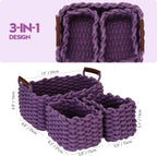 Sea Team 3-Pack Rectangle Woven Cotton Rope Storage Baskets with Handles, Shelf Basket, Closet Organizers, 3-in-1, Purple