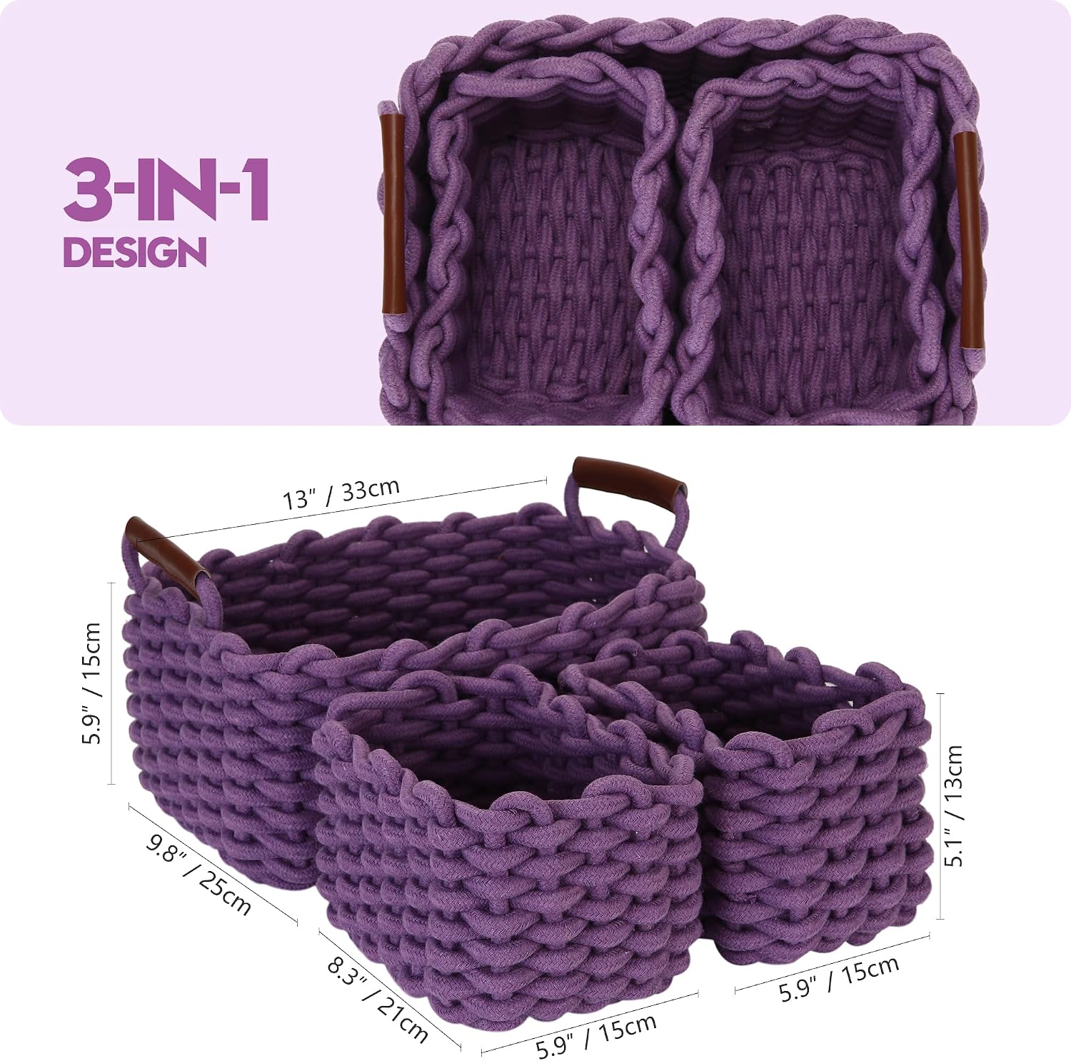 Sea Team 3-Pack Rectangle Woven Cotton Rope Storage Baskets with Handles, Shelf Basket, Closet Organizers, 3-in-1, Purple