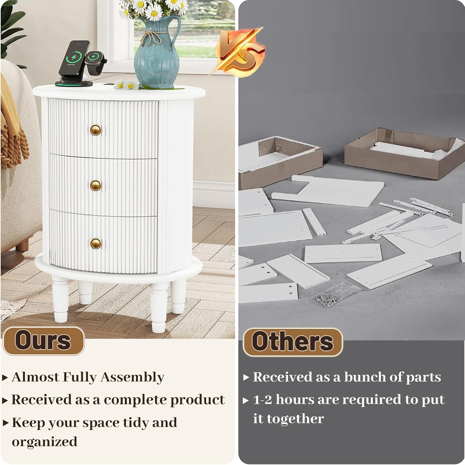 Round End Table with Charging Station, Wood Side Table with Storage for Small Spaces, White Nightstand with 3 Drawers, Couch Side Cabinet Bedside Table for Living Room/Bedroom/Corner