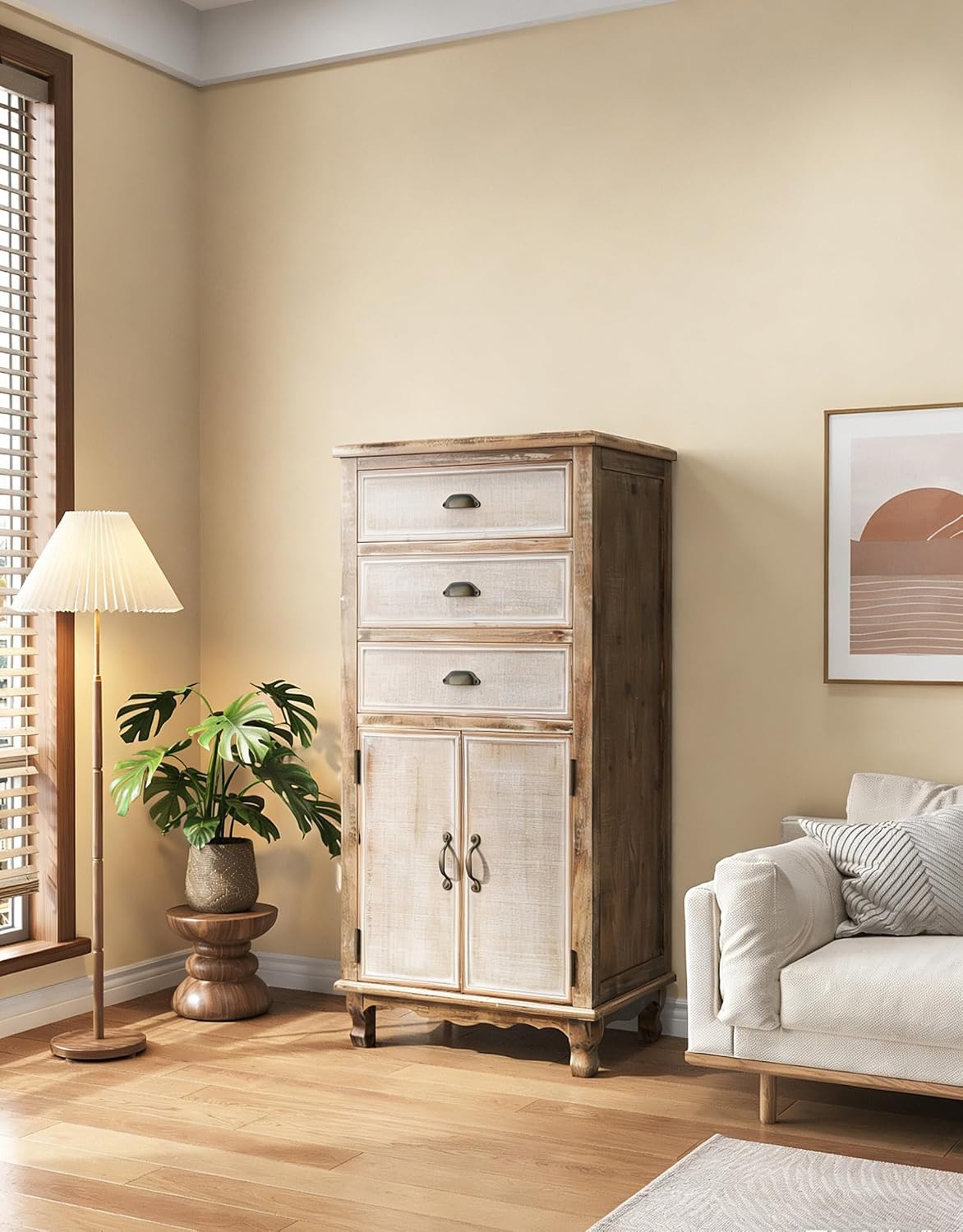 Rustic Tall Storage Cabinet - Distressed Solid Wood Frame Accent Cabinet with 3 Drawers & 2 Doors, Farmhouse Freestanding Floor Cabinet for Entryway, Living Room, Hallway