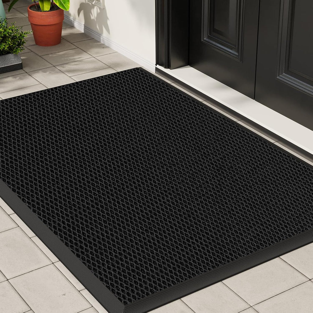 Front Door Mat Outside Entrance 17"x30" Black,Heavy-Duty Dirt Trapper Outside Welcome Mat, Non Slip Durable Rubber Entrance Doormats for Entryway Porch, Stain Resist Waterproof All-Season All-Weather