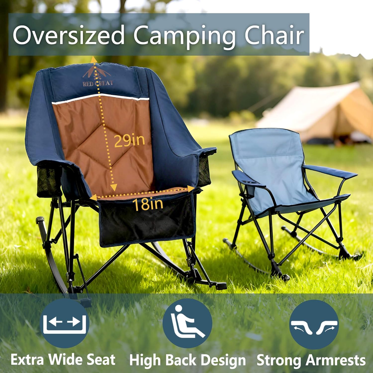 400lbs Rocking Camping Chair, Oversized Heavy Duty XL Folding Rocker for Adults, Padded High Back Big & Tall Support, with Cup Holders & Carry Bag for RV, Lawn, Patio & Sports