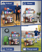 Sports Equipment Storage Organizer Rack with Rolling Wheels, Garage Ball Storage Cart for Basketball, Soccer, Baseball, Heavy-Duty Metal Sports Rack for Garage, Home, School Gym
