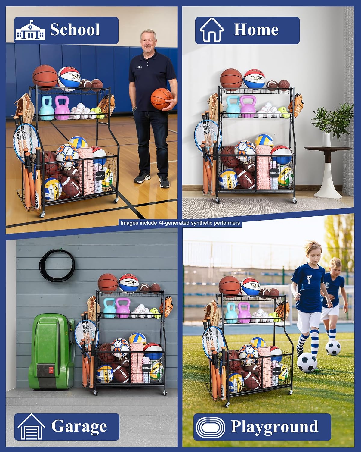 Sports Equipment Storage Organizer Rack with Rolling Wheels, Garage Ball Storage Cart for Basketball, Soccer, Baseball, Heavy-Duty Metal Sports Rack for Garage, Home, School Gym