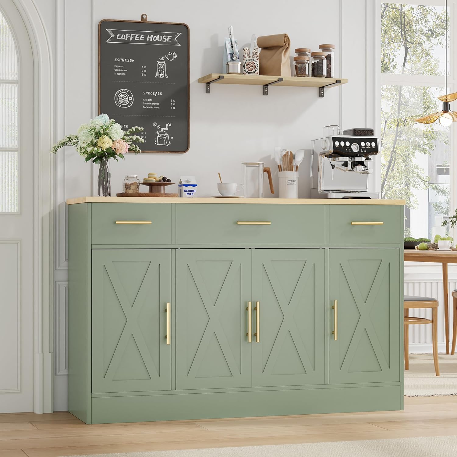 Shintenchi Buffet Cabinet with Storage,53.4" Large Kitchen Storage Cabinet with 3 Drawers and 4 Doors,Wood Farmhouse Buffet Sideboard with Adjustable Shelf for Kitchen Living Room, Green