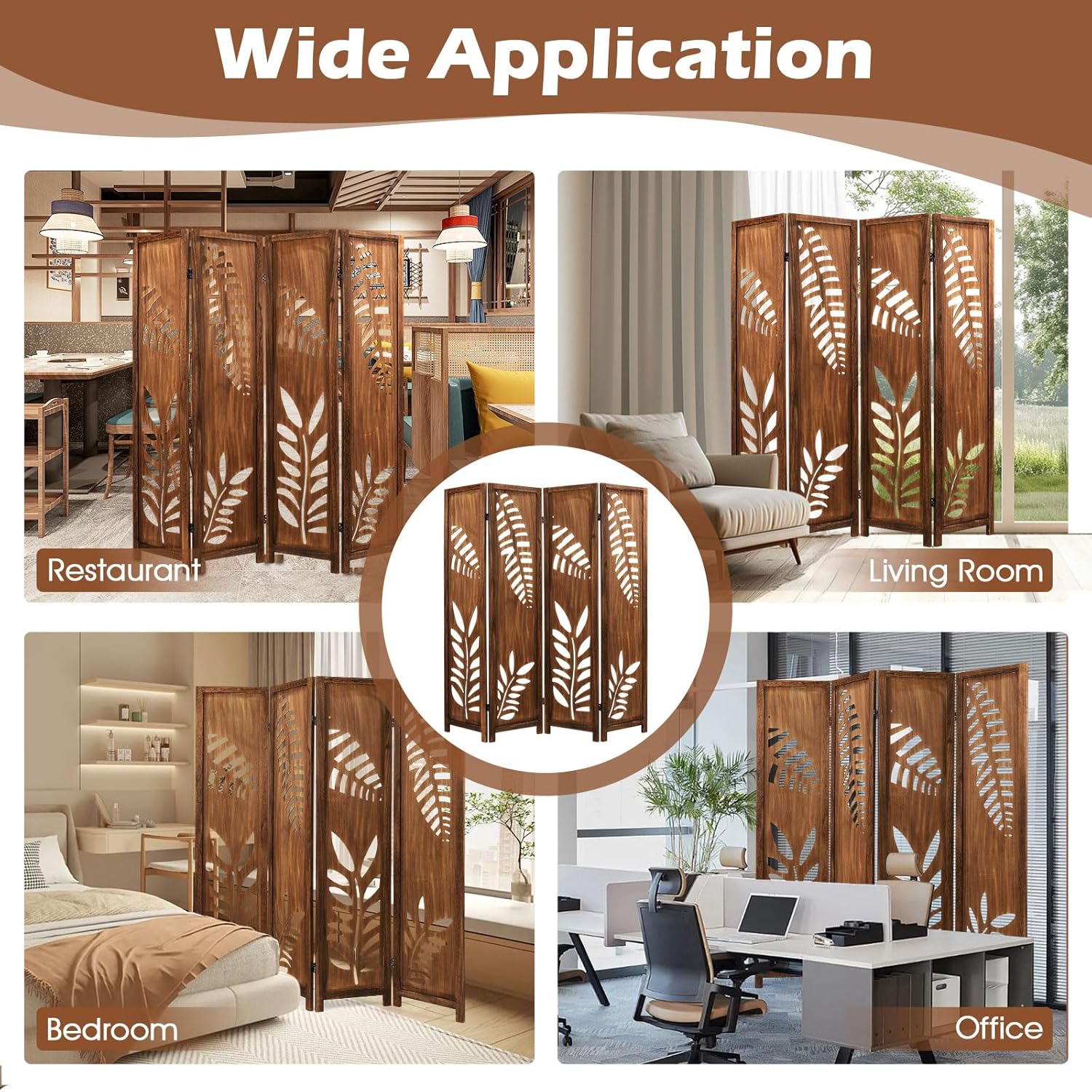 Giantex Boho Rustic Room Divider, 4 Panel Carved Leaf Folding Wood Screen, Fully Assembled, 67'' Freestanding Privacy Partition Decorative Wall, Foldable Room Separator for Bedroom, Rustic Brown