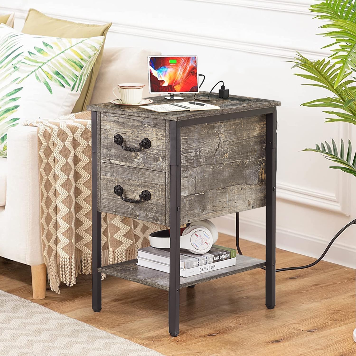 VECELO End Tables,Narrow Nightstands with Charging Station & USB Ports &Drawers,Night Stand for Living Room, Bedroom,Dust Grey