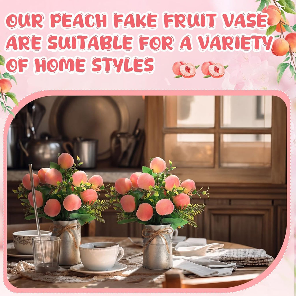 Hotop 2 Sets Artificial Peach Branches with Flower Vases 16.14'' Realistic Artificial Peach Fruits Bouquet with Green Leaves Fruit Flower Arrangement for Home Baby Shower Party Farmhouse Table Decor